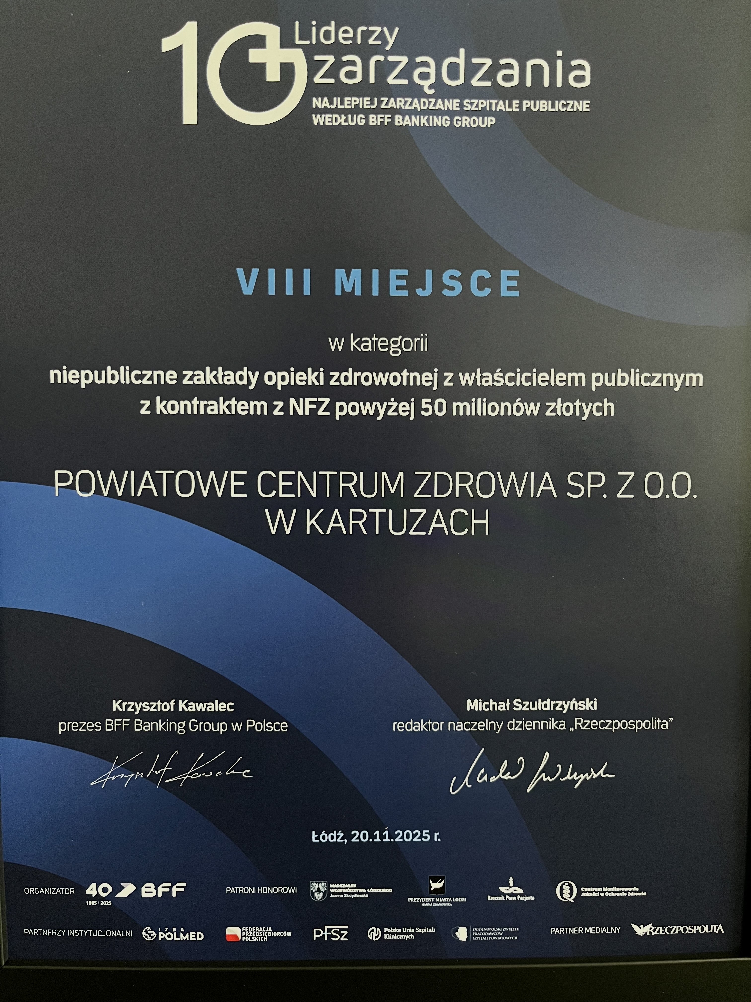 Szpital Powiatowy w Kartuzach w po raz kolejny w gronie laureatów w Rankingu „Liderzy Zarządzania. Najlepiej zarządzane szpitale publiczne według BFF Banking Group”.